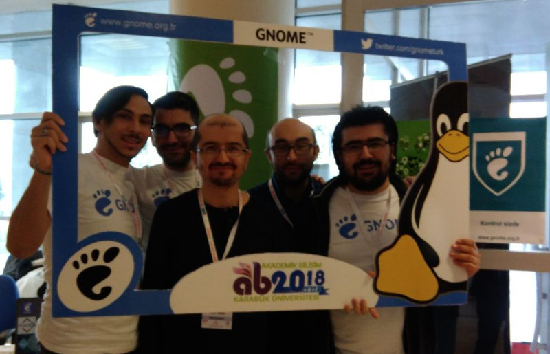 GNOME Türkiye volunteers at the GNOME booth at AB18