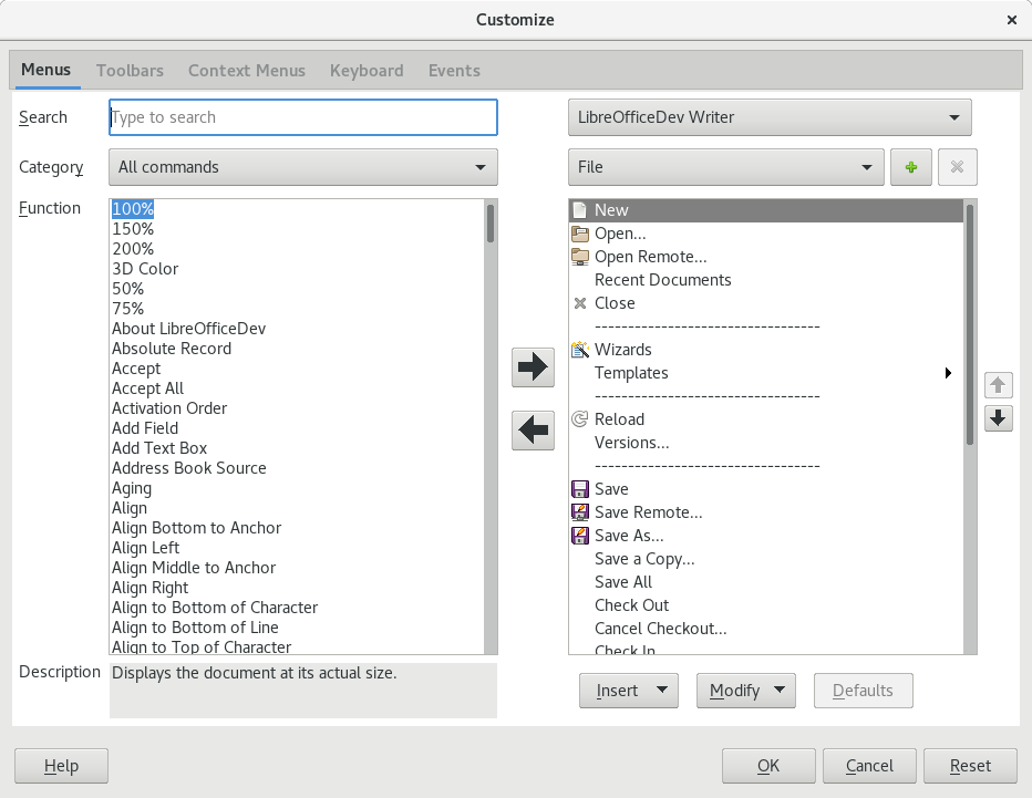 LibreOffice 6.0’da Özelleştirme Penceresinin Menüler Sekmesinin Ekran Görüntüsü