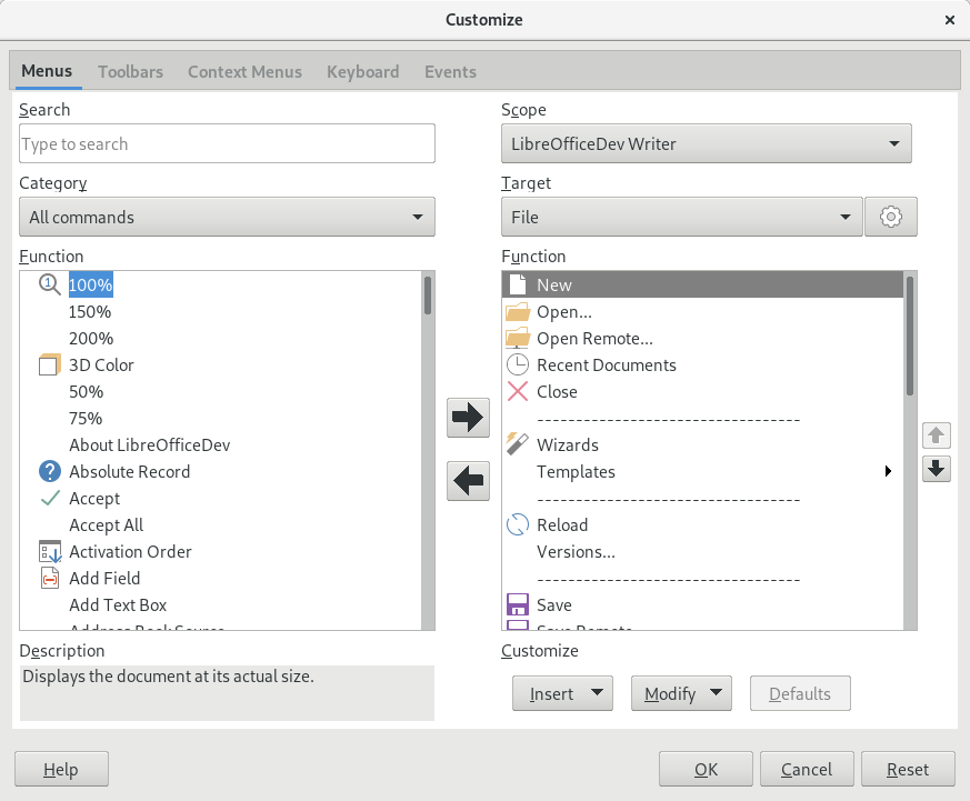 Screenshot of LibreOffice Customize Dialog